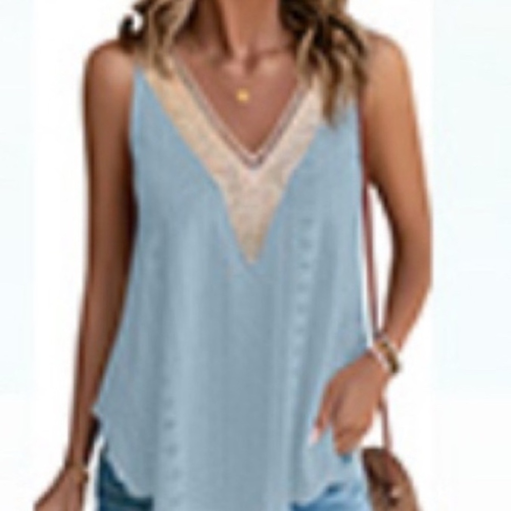 Women's Blue Sleeveless Lace Eyelet Embroidery Cami V Neck FlowyTank Top